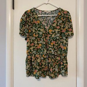 LOFT Women's S/S Green Floral V-Neck Peplum Wrap Shirt Top Blouse M Drawstring